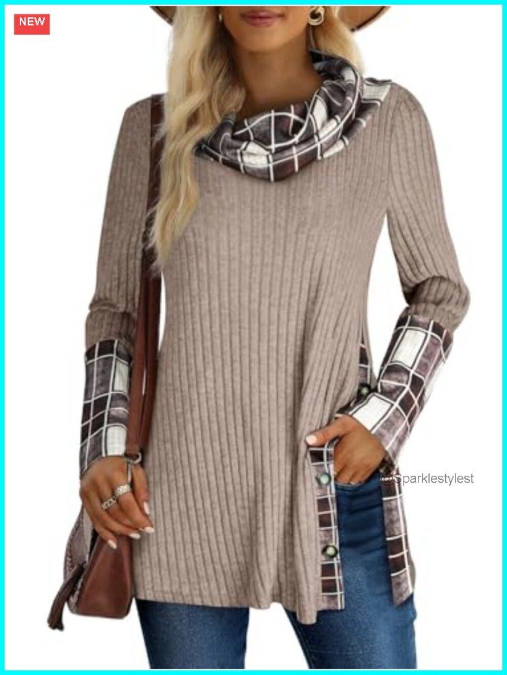 Cowl Neck Tunic Sweater Long Sleeve Lightweight Pullover with Side Split